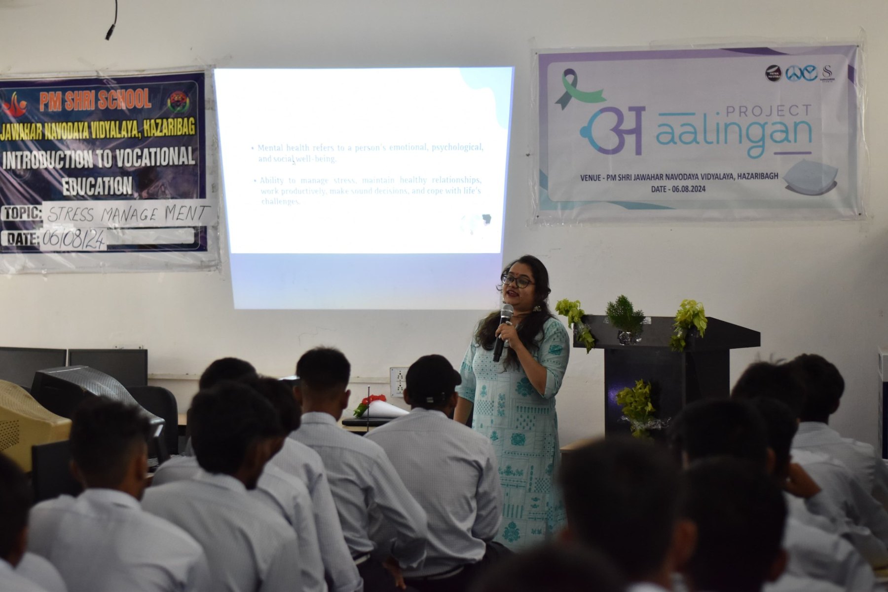A stress-management session under the Project Aalingan banner at PM SHRI Jawahar Navodaya Vidyalaya, Hazaribag